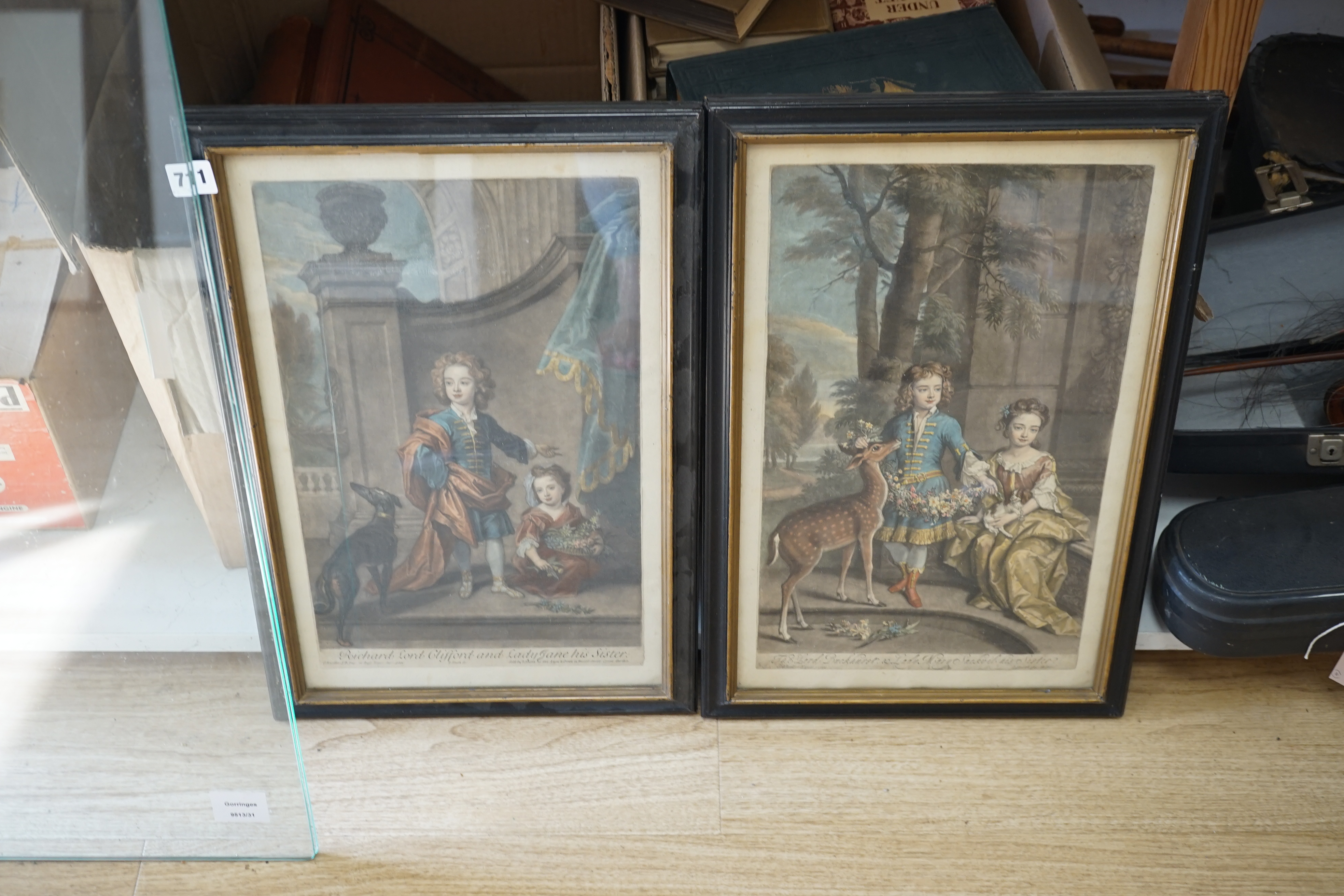 Smith after Kneller, pair of coloured aquatints, 'The Lord Buckhurst and Lady Mary Sackvil, his sister' and 'Richard Lord Clifford and Lady Jane, his sister', 39 x 25cm, and a French print, La March d'eau de Vie'